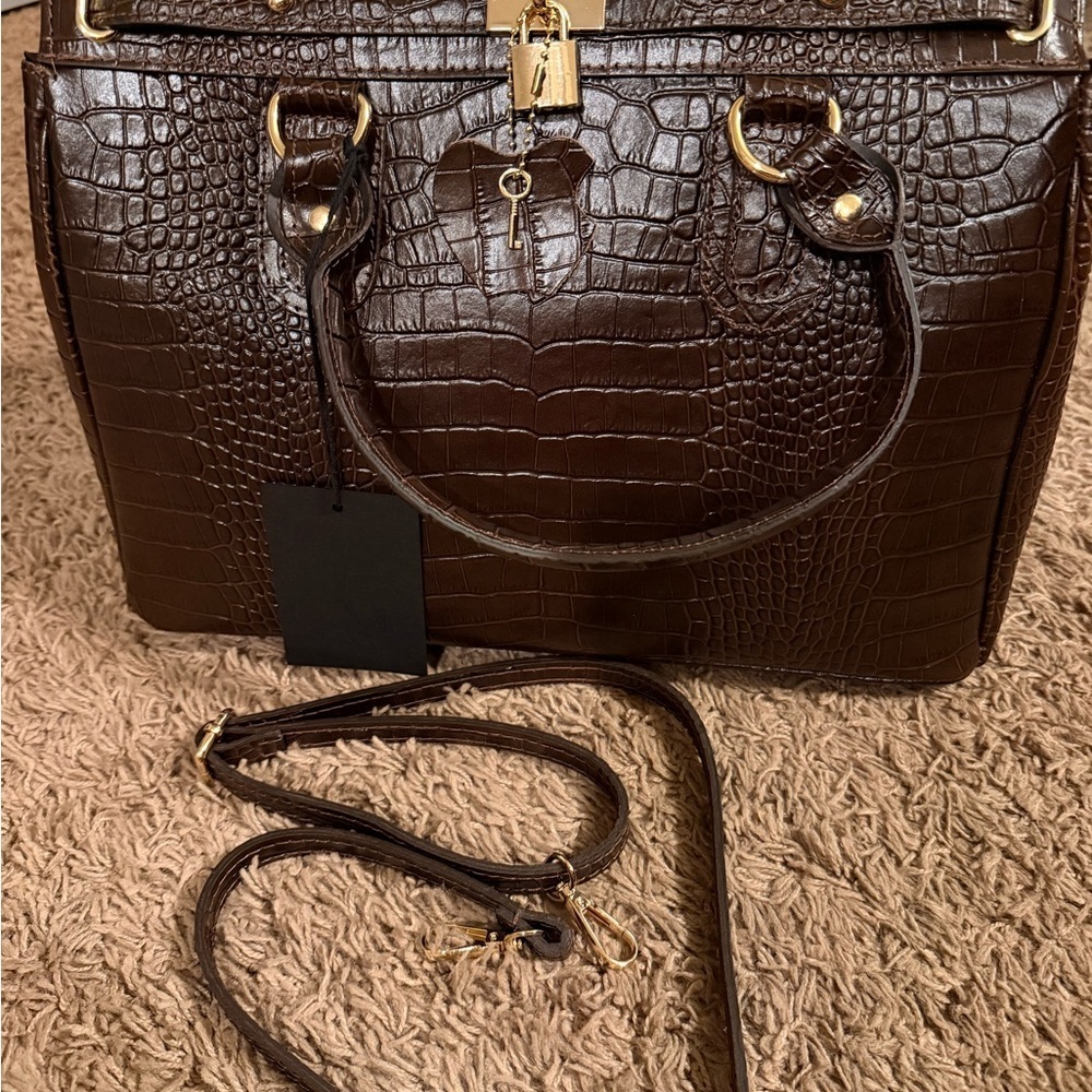 Massimo Castelli Brown Croc-Embossed Large Leather Bag - Picture 7 of 11